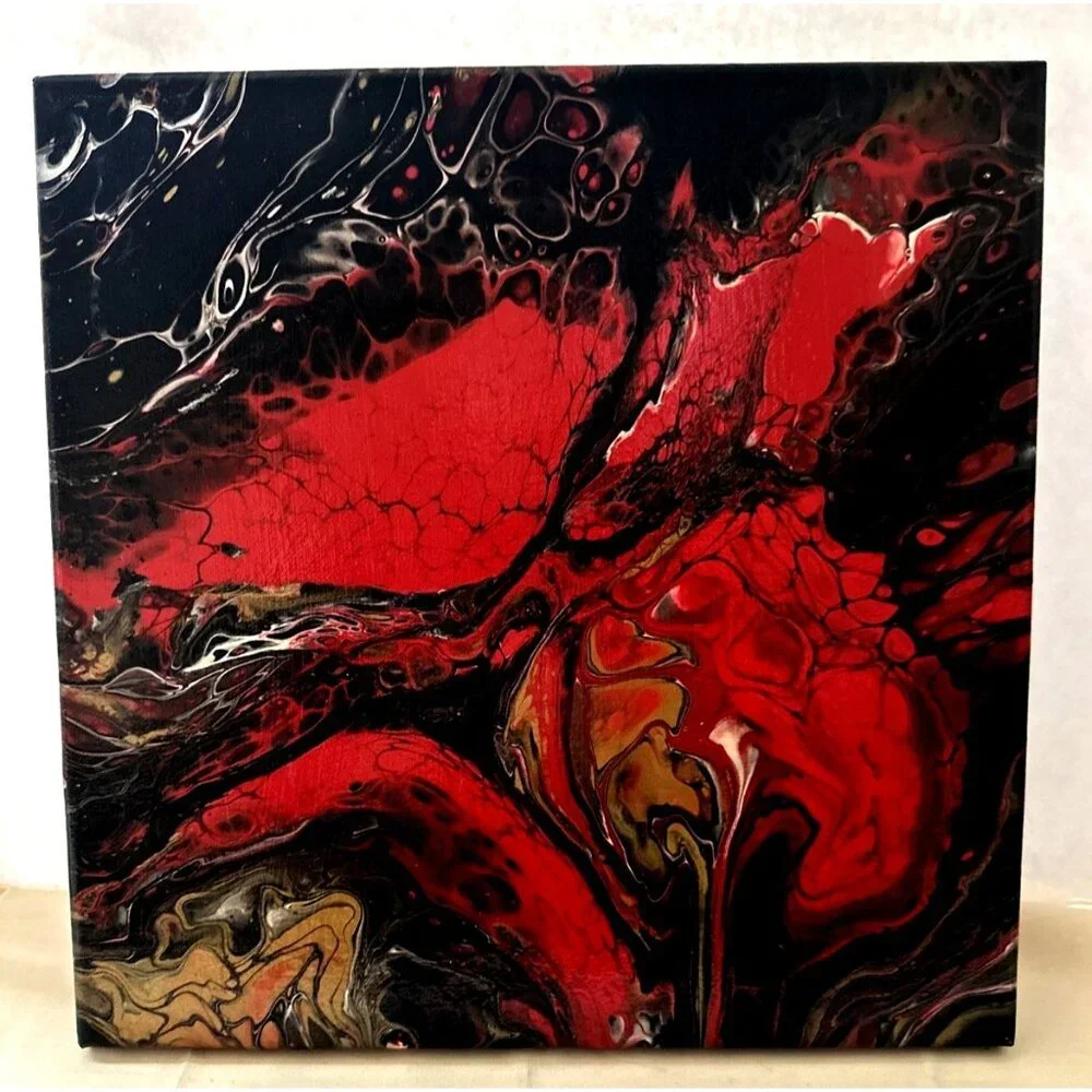 Original Handmade Acrylic Pour Art Painting Black Red 12"x12" - Picture 5 of 5